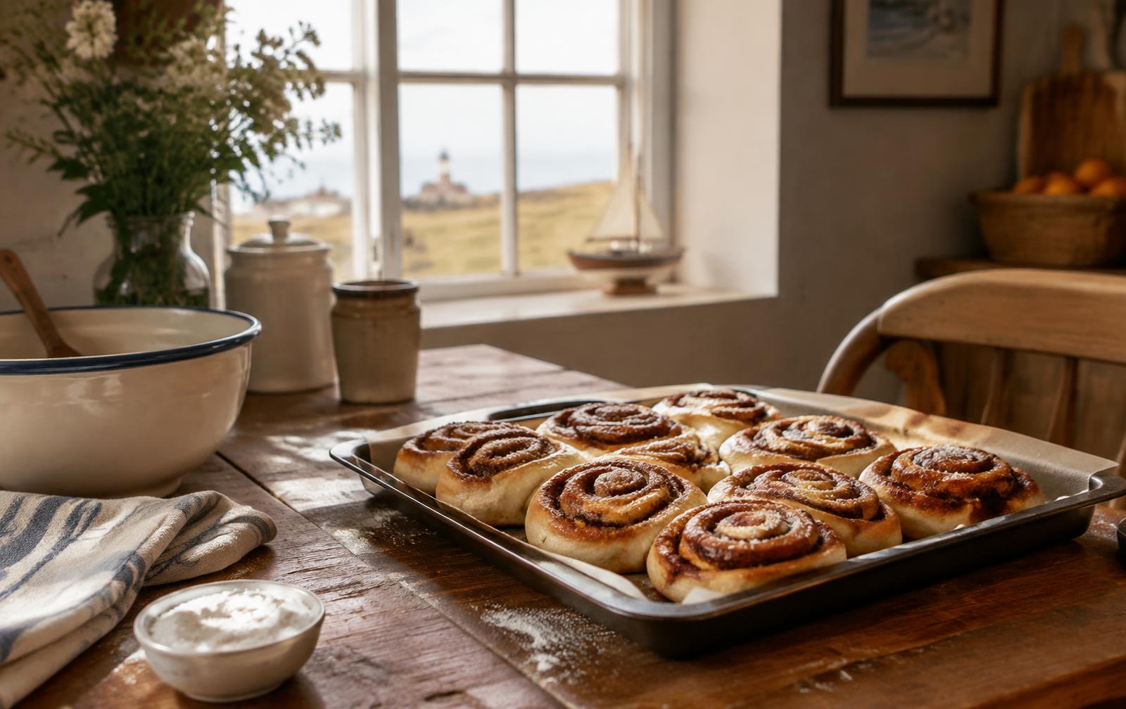 Fresh cinnamon buns on a kitchen table by the window